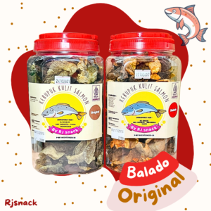 Paket Combat Kerupuk Kulit Ikan Salmon Varian Rasa Original Dan Balado Kemasan Toples Jumbo 220gr